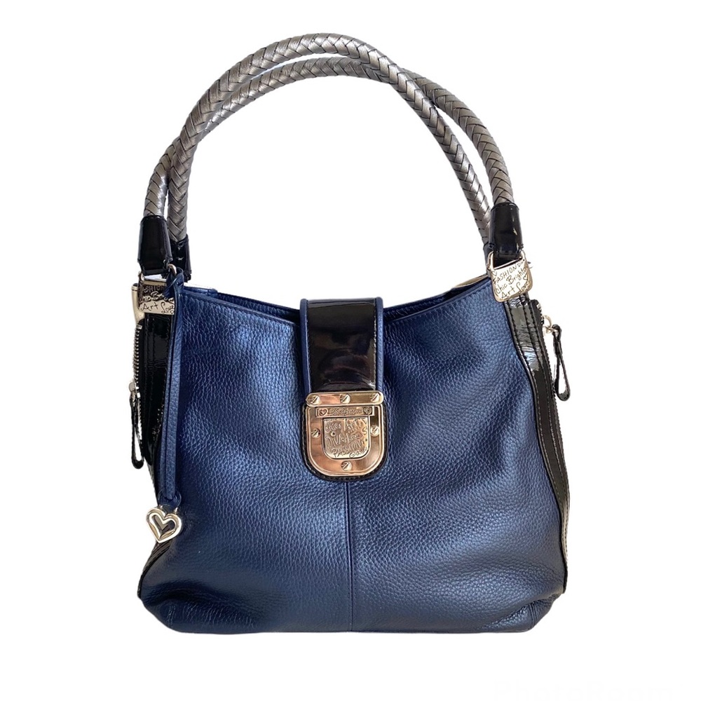 Brighton Dovima Blue Metallic Leather Purse Hobo Shoulder Bag Black Patent Trim